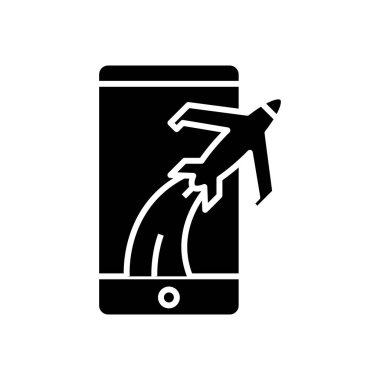 Havaalanı uygulaması siyah simgesi, konsept illüstrasyon, vektör düz sembol, kabartma işareti.