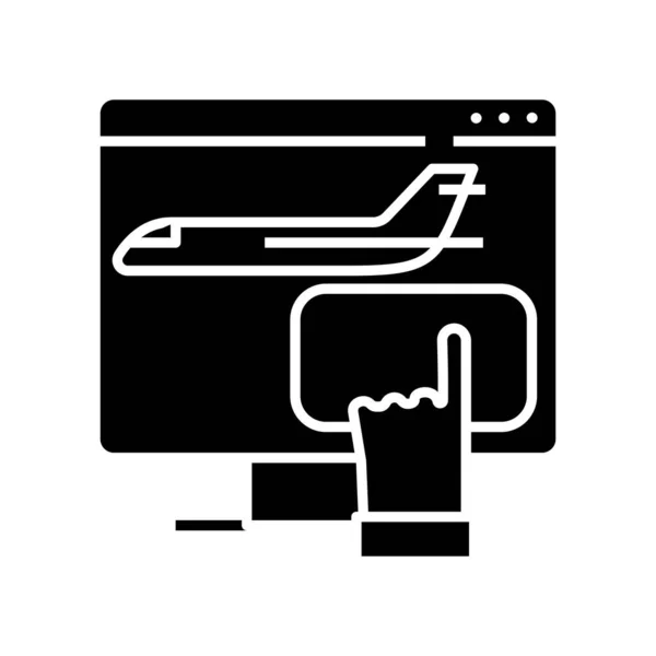 Бронювання квитків на літак чорна ікона, концептуальна ілюстрація, векторний плоский символ, знак гліфа . — стоковий вектор