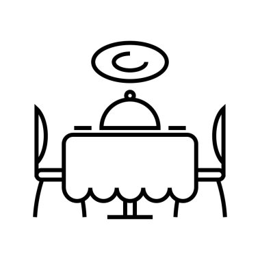 Akşam yemeği çizgisi simgesi, kavram işareti, taslak vektör çizimi, doğrusal sembol.