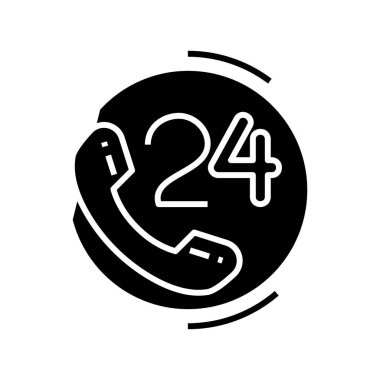 24 saat hizmet siyah simge, konsept illüstrasyon, vektör düz sembol, kabartma işareti.
