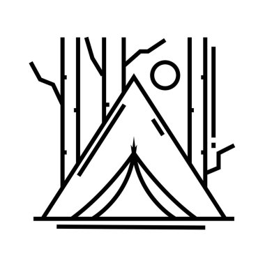 Orman kamp çizgisi simgesi, kavram işareti, ana hatlı vektör çizimi, doğrusal sembol.