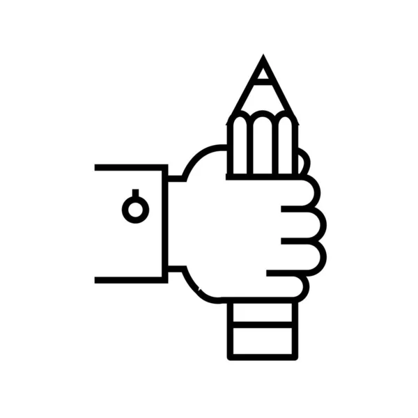 Mão com ícone de linha de lápis, signo conceitual, ilustração vetorial de contorno, símbolo linear . —  Vetores de Stock