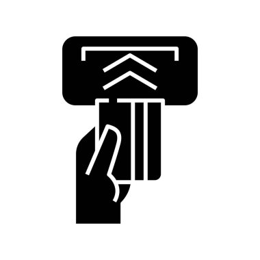 Para makinesi siyah simge, konsept illüstrasyon, vektör düz sembol, kabartma işareti.