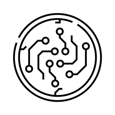 Küresel teknoloji çizgisi simgesi, kavram işareti, ana hatlı vektör çizimi, doğrusal sembol.