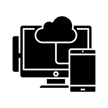 Cloud data synchronization black icon, concept illustration, vector flat symbol, glyph sign.