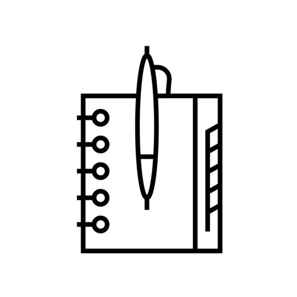 Quaderno con icona a linea di penna, segno concettuale, illustrazione vettoriale di contorno, simbolo lineare . — Vettoriale Stock