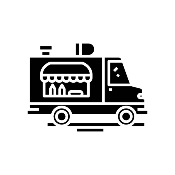 Alimentos camiones icono negro, concepto de ilustración, vector de símbolo plano, signo de glifo . — Archivo Imágenes Vectoriales