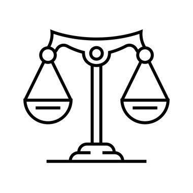 Hukuk çizgisi simgesi, kavram işareti, ana hatlı vektör çizimi, doğrusal sembol.