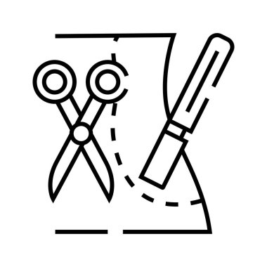 Plastik Sergery kesik çizgisi simgesi, kavram işareti, ana hatlı vektör çizimi, doğrusal sembol.