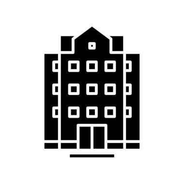 Yüksek bina simgesi, konsept illüstrasyon, vektör düz sembol, kabartma işareti.