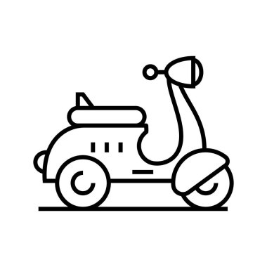 Scooter çizgisi simgesi, kavram işareti, taslak vektör çizimi, doğrusal sembol.
