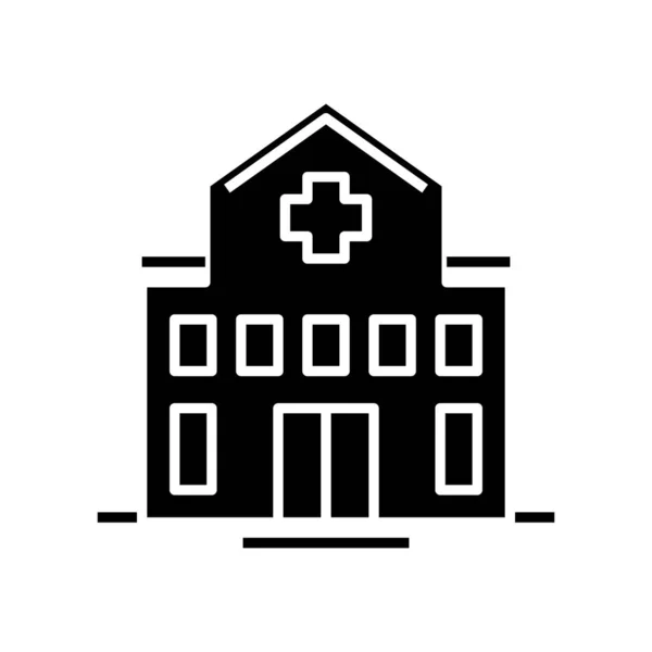 Edificio del hospital icono negro, concepto de ilustración, vector símbolo plano, signo de glifo . — Archivo Imágenes Vectoriales