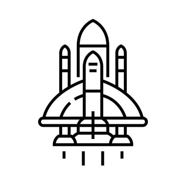 Uzay gemisi çizgi simgesi, kavram işareti, ana hatlı vektör çizimi, doğrusal sembol.