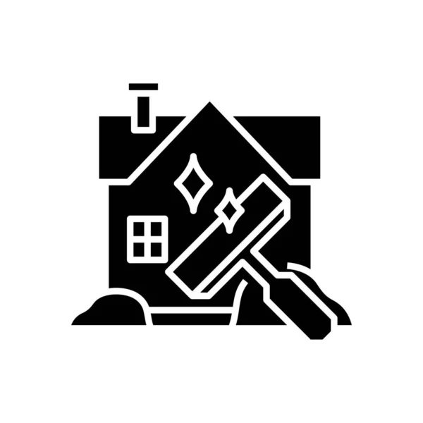 Huis schoonmaken zwart pictogram, concept illustratie, vector plat symbool, glyph teken. — Stockvector