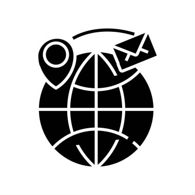 Uluslararası mesajlaşma siyah simgesi, konsept illüstrasyon, vektör düz sembol, kabartma işareti.