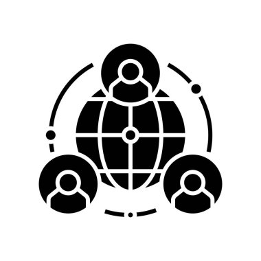 Uluslararası işbirliği Siyah simgesi, konsept illüstrasyon, vektör düz sembol, kabartma işareti.