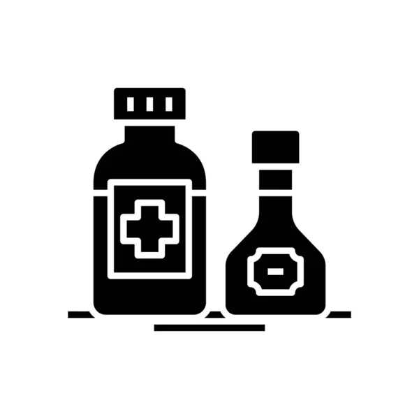 Medicamentos botellas icono negro, concepto de ilustración, vector de símbolo plano, signo de glifo . — Vector de stock