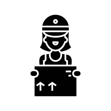 Percel kurye simgesi, konsept illüstrasyon, vektör düz sembol, kabartma işareti.