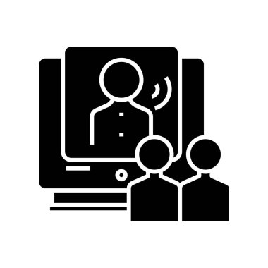 Çevrimiçi konferans siyah simgesi, konsept illüstrasyon, vektör düz sembol, kabartma işareti.