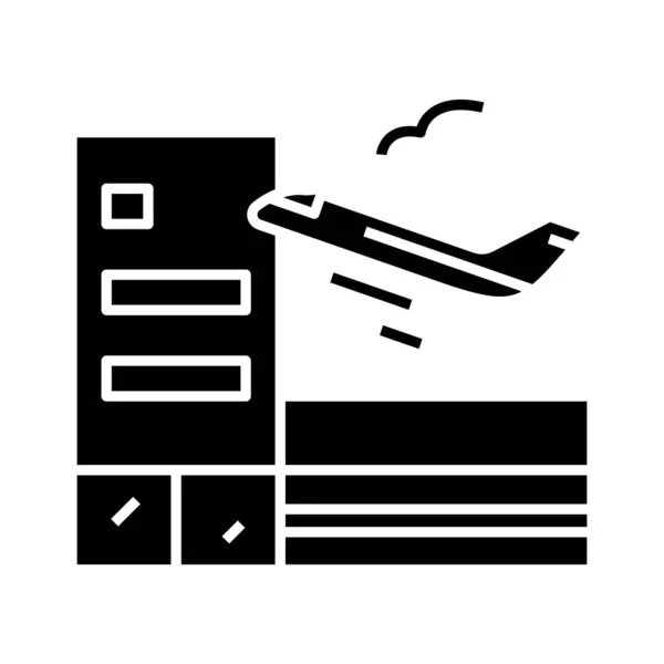 Ícone preto da decolagem do avião, ilustração do conceito, símbolo liso do vetor, sinal do glifo . — Vetor de Stock