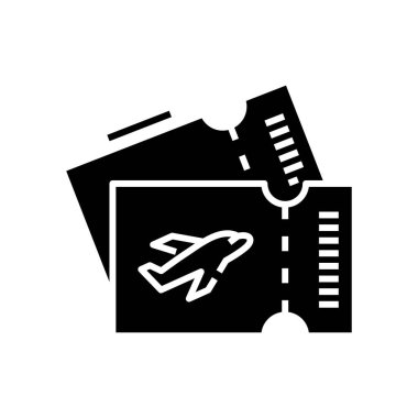 Uçak biletleri siyah simge, konsept çizim, vektör düz sembol, kabartma işareti.