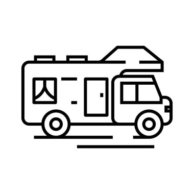 Turistik otobüs çizgisi simgesi, konsept işareti, ana hatlı vektör çizimi, doğrusal sembol.