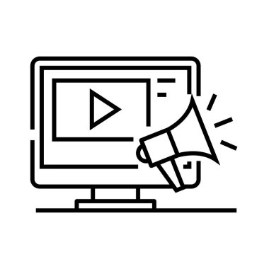 Video duyuru satırı simgesi, kavram işareti, ana hatlı vektör illüstrasyonu, doğrusal sembol.