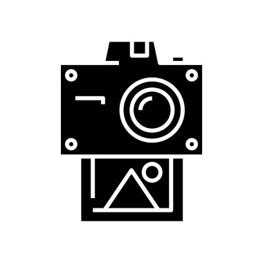 Polaroid kamera siyah simgesi, konsept illüstrasyon, vektör düz sembol, sembol işareti.