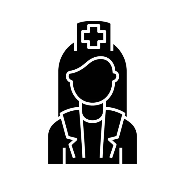 Krankenschwester schwarzes Symbol, Konzeptillustration, Vektor flaches Symbol, Glyphen-Zeichen. — Stockvektor