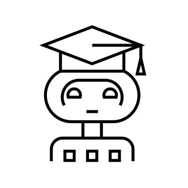 Eğitimli yapay zeka çizgisi simgesi, kavram işareti, ana hatlı vektör çizimi, doğrusal sembol.