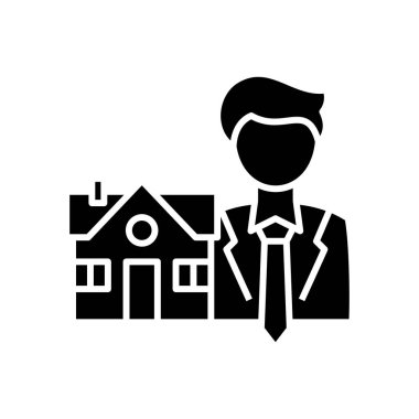 Emlak yöneticisi siyah simge, konsept illüstrasyon, vektör düz sembol, kabartma işareti.