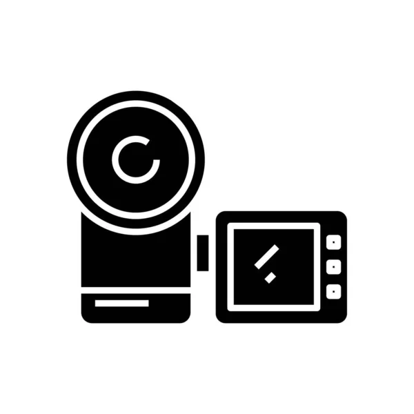 Черная иконка видеокамеры, концептуальная иллюстрация, векторный плоский символ, знак знака . — стоковый вектор