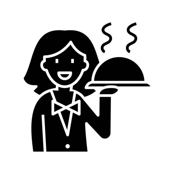 Cameriera con un'icona nera piatto, concetto illustrazione, vettore simbolo piatto, segno di glifo . — Vettoriale Stock