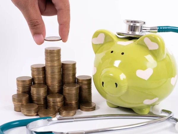 Medical insurance concept. Piggy bank, medical stethoscope and h — 스톡 사진