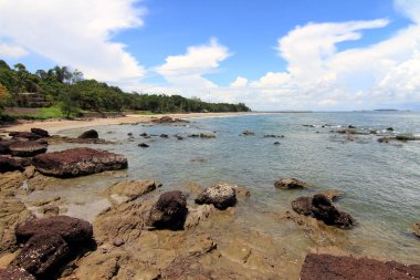 Taşlı ve gökyüzlü tropik plaj