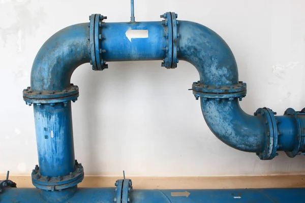 Blue Pipe Line Blue Valve Wall — Stock Photo, Image