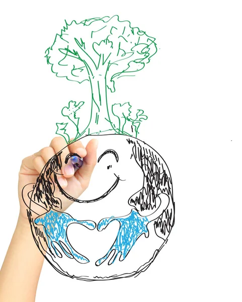 Dünya üzerinde el çizimi ağacı — Stok fotoğraf