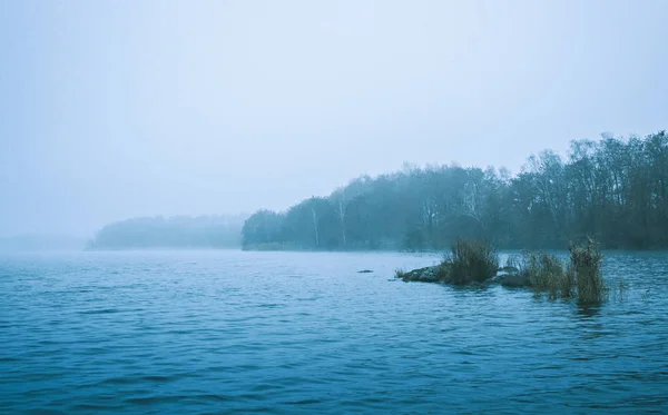 Escena de invierno de un lago frío y sombrío y bosques — Foto de Stock