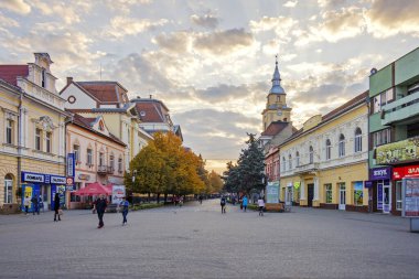 Beregovo, Ukrayna - 18 Ekim 2019: Şehrin merkezi ve caddesi, eski mimari ve çok sayıda turist var.