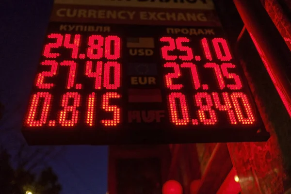 Currency exchange rates sign glowing in red