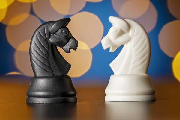 Two horse chess pieces in black and white