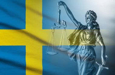 Flag of Sweden with statue of blindfolded Justice clipart