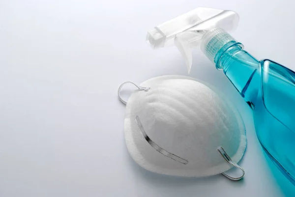 Spray Bottle Sanitizer Protective Face Mask White Background Concept Prevention — Stock Photo, Image