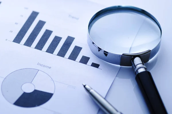 Income Pie Bar Graphs Showing Decreasing Trend Loss Pen Magnifying — Stock Photo, Image