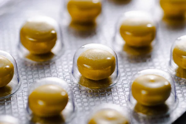 Quadro Completo Vicino Pillole Compresse Blister Sigillato Concetto Medico Sanitario — Foto Stock