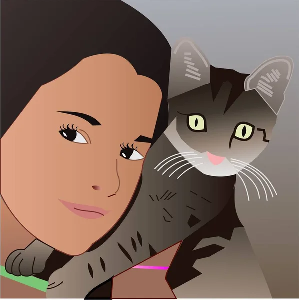 Menina Com Seu Gato Cinza — Fotografia de Stock