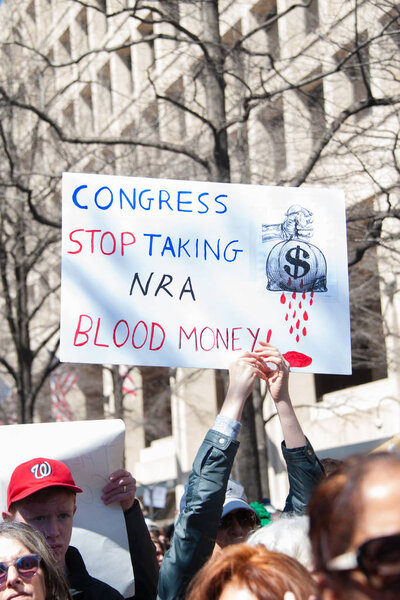 A participant in the March for Our Lives, a protest by students for gun control, holds a sign on March 24, 2018 in Washington DC 