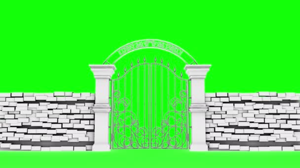 Белые ворота открываются на зеленом фоне, 3D анимация — стоковое видео