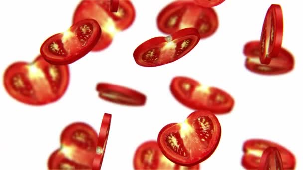 Seções de tomate caindo sobre fundo branco, canal alfa, CG — Vídeo de Stock