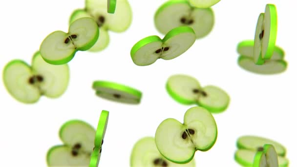 Sections of green apple falling on white background, alpha channel, CG — Stock Video